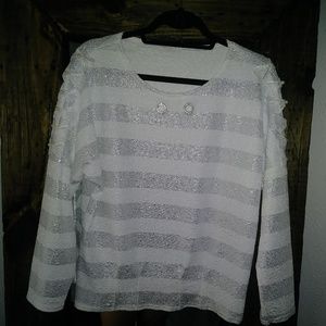 White Stripe Pearl Embellished Long Sleeve Top